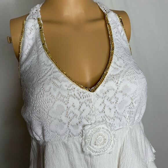 NAF NAF Halter Tiered Top Floral Crochet Sequins Layered Ruffle White Gold Tank - Picture 2 of 5